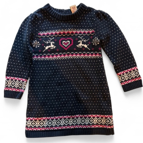 The Eagle’s Eye 2T Navy Blue Fair Isle Heart and Snowflake Sweater Dress - Picture 1 of 4
